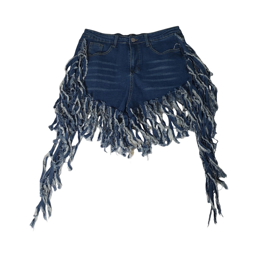 Womens High Waisted Ultra Distressed Fringe Denim Shorts Medium Wash Blue